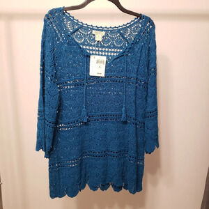 Lucky Brand Teal Blue Crochet Boho Peasant Top Women XL NWT
